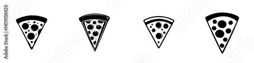 Flat black icons of pizza slices illustrating different styles and toppings for culinary design use