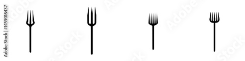 Icon set of flat black forks in various positions for culinary usage and design application