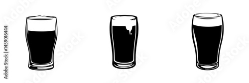 Black icon set representing glasses of dark beer in various styles to illustrate beverage choices for a bar or pub menu