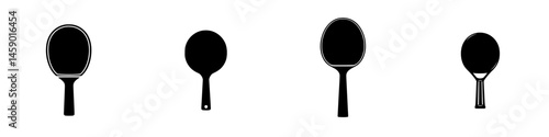 Black icon collection of different styles of handheld paddles used in various sports or activities for graphic design purposes