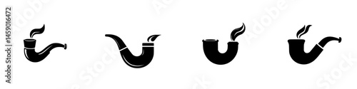 Collection of flat black smoking pipe icons designed for minimalist representations of tobacco use amidst various activities