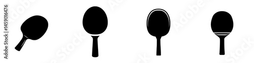 Flat black icons of different styles of paddle or racket for sports and recreational activities