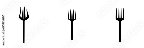 Flat black fork icons designed for culinary and dining applications, showcasing three variations of fork designs aligned horizontally