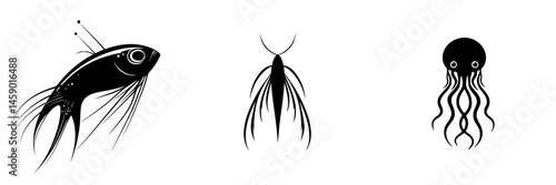 Stylized black icons of aquatic life including fish, squid, and jellyfish in a minimalist design