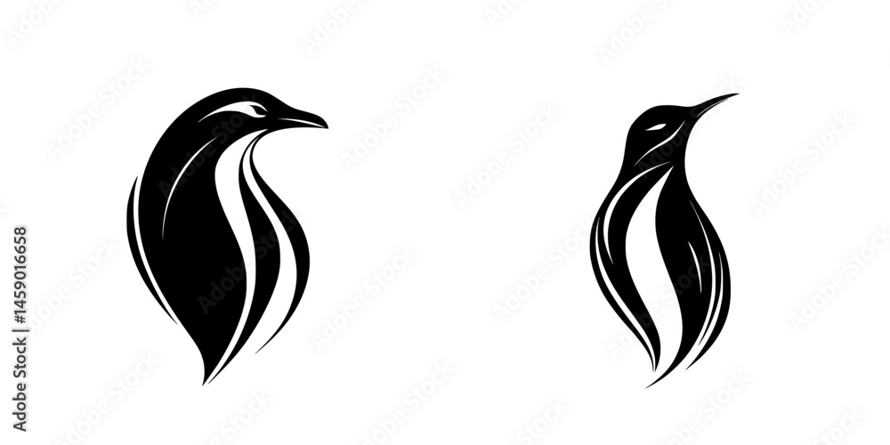 Stylized flat black penguin icons showcasing elegant forms and curves in minimalist design Stylized flat black penguin icons showcasing elegant forms and curves in minimalist design