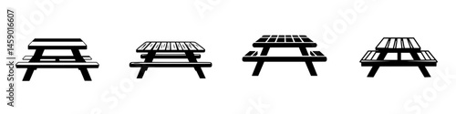 Various flat black icons representing different styles of picnic tables for design and illustration purposes