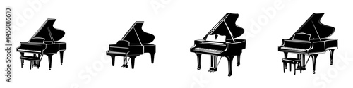 Different styles of grand pianos presented in a minimalist flat black icon design showcasing musical elegance and craftsmanship