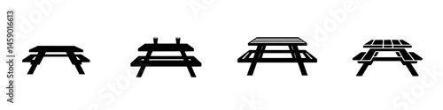 Collection of flat black picnic table icons showcasing various designs and structures for outdoor dining