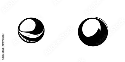 Flat black icon depicting two spherical shapes with varying textures and surfaces for design and illustrative use