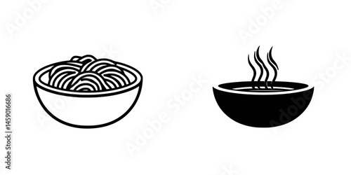 Flat black icons depict a bowl of noodles and a steaming bowl of broth for culinary illustration