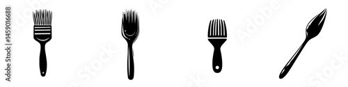 Flat black icons of various styles of brushes depicting their shapes and textures suitable for artistic representation or design usage