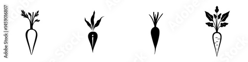 Black icons depicting various styles of root vegetables created in a flat design style for use in graphic applications