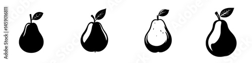 Various flat black icons of pears showcasing different shapes and designs in a minimalist style for graphic use