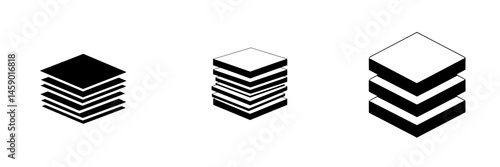 Icon representing layered structures in flat black style displaying different stack configurations and outlines