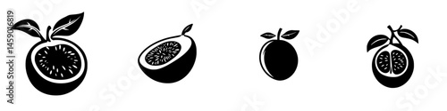 Black icons representing various types of fruit with a simple and modern design suitable for multiple applications