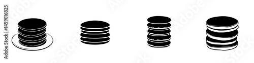 Flat black icon depicting stacked pancakes in various arrangements, showcasing simplicity and elegance suitable for culinary projects