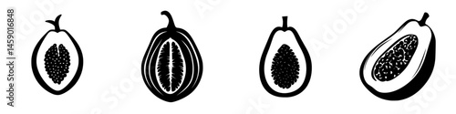 Flat black icons depicting various stages of a papaya fruit showcasing its unique shape and seed structure