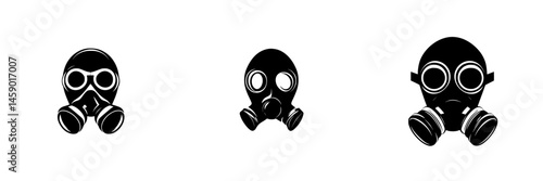Black gas mask icons in flat design representing safety and protection in hazardous environments