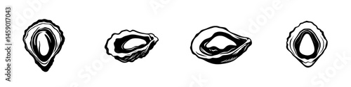 Four flat black oyster icons showcasing different perspectives of the shell and meat in a simple and clean design