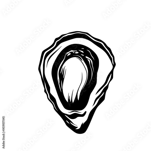 Detailed flat black icon of an oyster shell showcasing its unique shape and texture in a minimalist design style