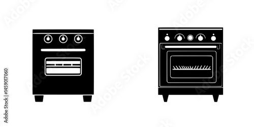 Flat black icons of a kitchen stove and oven designed for culinary themes and applications