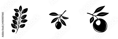Olive branch flat black icon design representing peace and nature with three olive illustrations