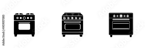 Black flat icons of cooking stoves showcasing different styles for kitchen design inspiration