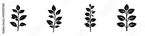 Multiple flat black leaf icons showcasing various leaf shapes and arrangements on a clean white background