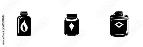 Flat black icons of different bottle shapes representing liquids and substances for graphic design and illustration use