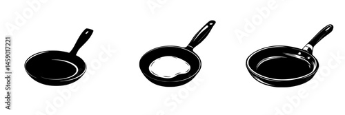 Black icon set of frying pans showing different stages of cooking food