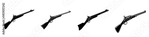 Flat black icon showcasing four variations of vintage rifles from different angles, emphasizing design and craftsmanship in firearms