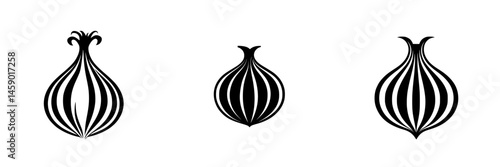 Flat black onion icons with distinct shapes and stripes designed for versatile graphic use in creative projects