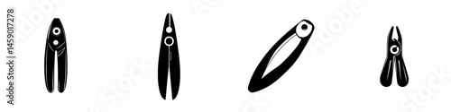 Diverse collection of flat black tool icons representing various types of cutting and gripping tools in a minimalist style