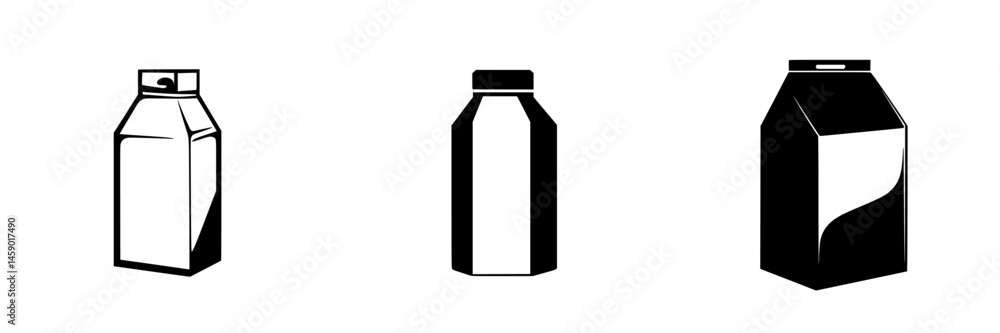 Flat black icons of various milk cartons, showcasing different designs and shapes in minimalist style Flat black icons of various milk cartons, showcasing different designs and shapes in minimalist style