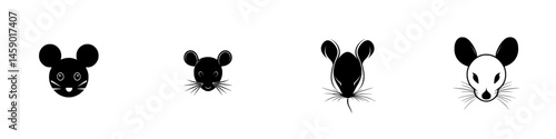 Black icon illustrations featuring various mouse designs showcasing different facial expressions and styles for graphic use