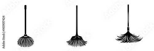 Multiple flat black broom icons arranged in a horizontal line showcasing different broom designs and styles