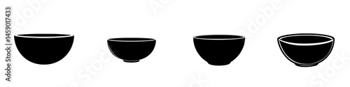 Flat black bowl icons representing different shapes and sizes in a minimalist design for graphic and illustrative purposes