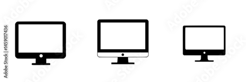 Flat black icons representing monitor designs in varied styles showcasing modern digital devices and their simplicity