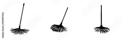 Flat black icons depicting various broom designs ideal for cleaning and home improvement purposes