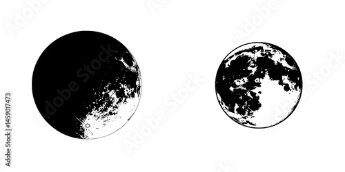 Black icons depicting celestial bodies with varying textures and sizes representing the moon and a distant planet