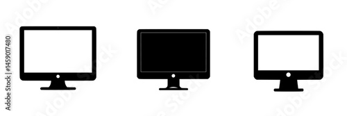 Flat black icons representing different types of computer monitors in a minimalist design suitable for digital applications