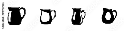Collection of flat black icons depicting various styles of pitchers for culinary and decorative purposes
