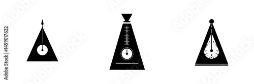 Three flat black metronome icons representing varying styles and designs for musical practice and composition