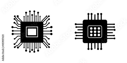 Flat black icons depicting microchip designs with distinctive circuits and patterns used in various electronics and technology applications