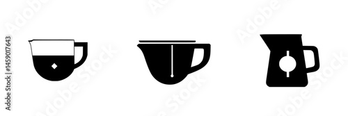 Flat black icons representing various kitchen measuring devices including a cup and pitcher for liquid measurement