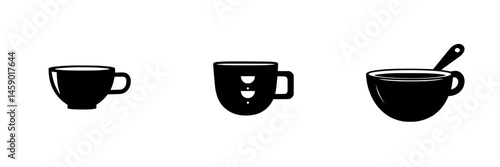 Flat black icon set depicting various types of cups and bowls for versatile design use