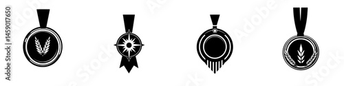 Black icon collection featuring various medal designs showcasing distinct shapes and ribbon styles