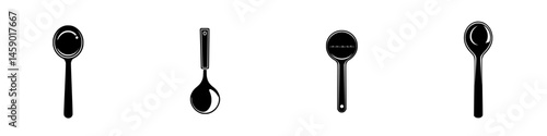 Various flat black icons representing different types of spoons for culinary use in minimalistic design style