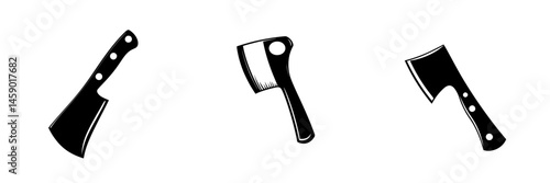 Flat black icon representing various types of axes and cleavers arranged in a row