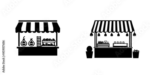 Icon representing two flat black market stalls with a variety of goods on display in a simple, minimalistic design